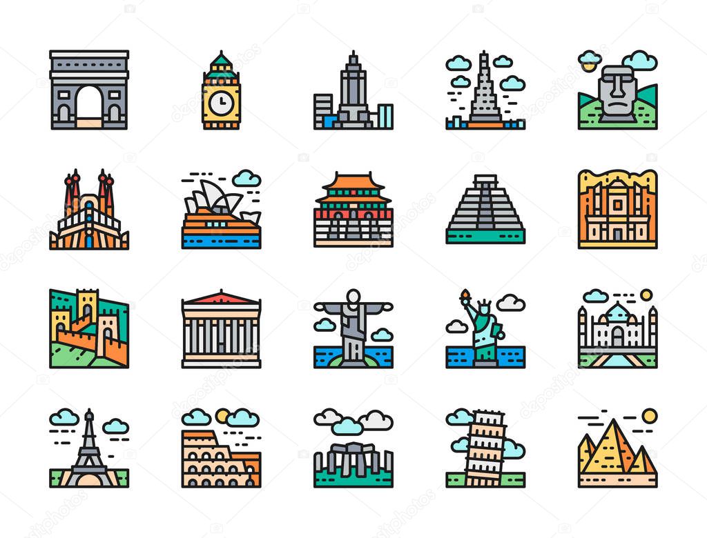 Set of Travel Locations Landmark Flat Color Line Icons. Egypt, Italy and more.