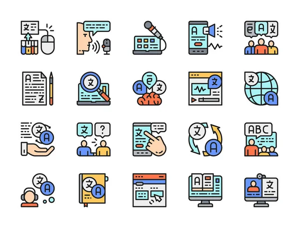 Set of Language Translation Color Line Icons. Online Education, E-book and more. — 图库矢量图片