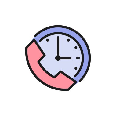 Clock with phone, support time, 24 hours service flat color icon.