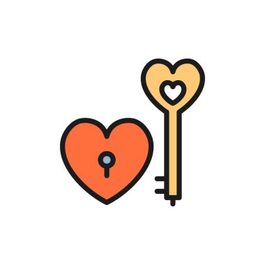 Kalp kilidi olan anahtar, Sevgililer Günü düz renk simgesi.