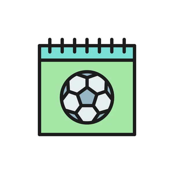 Kalender met voetbal, dag van spelen platte kleur pictogram. — Stockvector