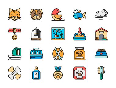 Veteriner Kliniği Düz Renk Simgeleri. Kedi, Köpek, Kuş, Papağan, Balık, Fare ve daha fazlası