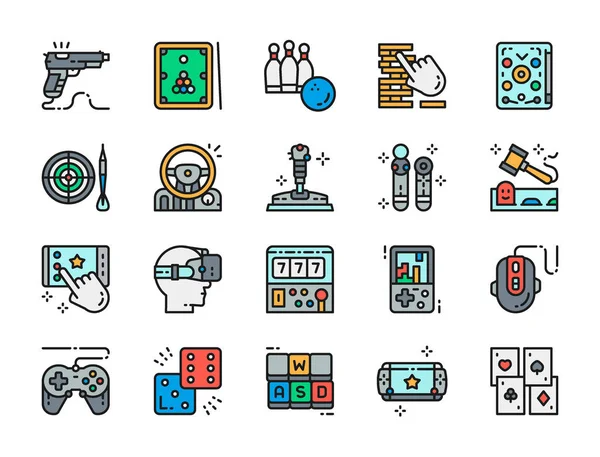 Set of Game Flat Color Icons. Billiards, Bowling, Pinball, Joystick and more. — Stock Vector