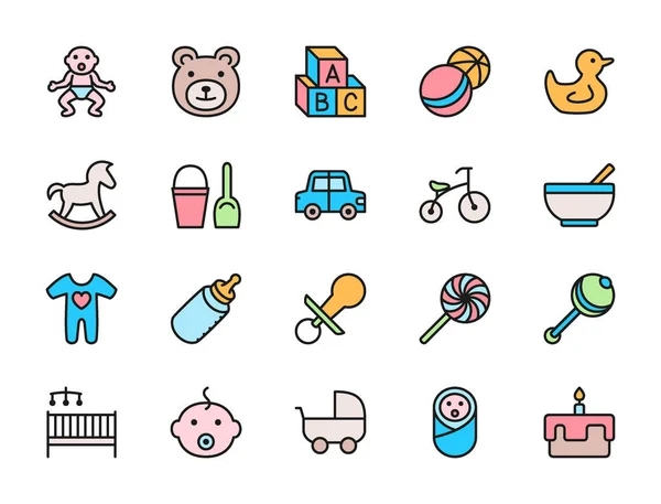 Ensemble d'icônes de couleur plate de l'enfance. Jouets, vélo, mamelon, poussette et plus . — Image vectorielle