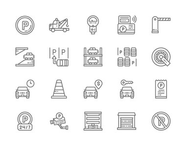 Set of Car Parking Line Icons. Tow Truck, Car Wheel Lock, Traffic Cone and more. clipart