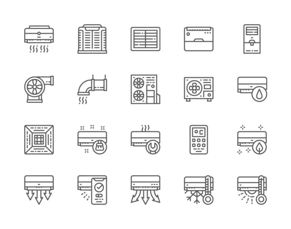 Reihe von Symbolen für Klimaanlagen. Fernbedienung, Kühler, Luftbefeuchter und mehr. — Stockvektor