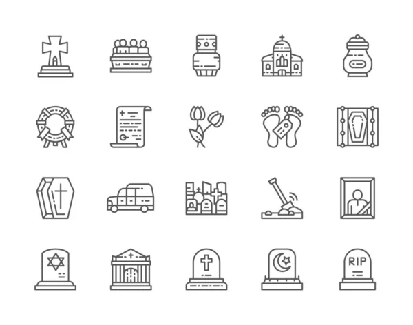 Conjunto de iconos de la línea funeraria. Iglesia, Cripta, Testamento, Coffin, coche fúnebre y más . — Vector de stock