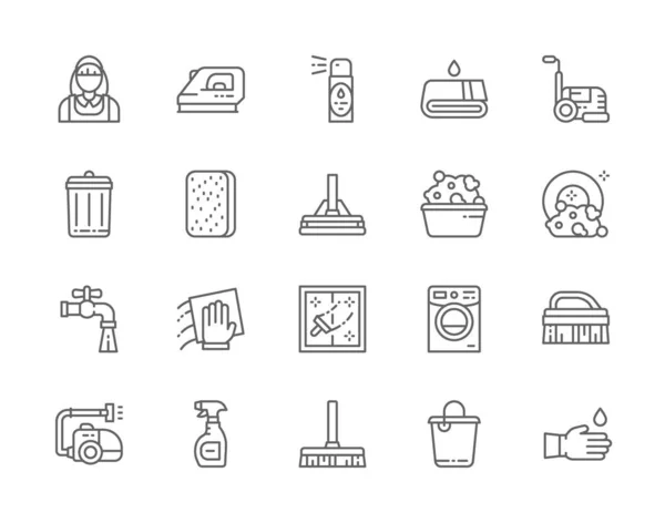 Set of Cleaning Line Icons. Housewife, Iron, Towel, Sponge, Bucket and more. — Stock Vector