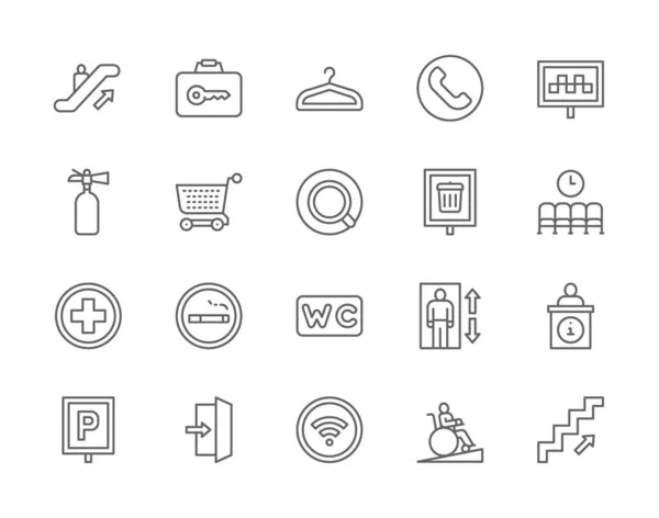 Conjunto de ícones de linha de navegação pública. Cabide, café, WC, elevador e muito mais . —  Vetores de Stock