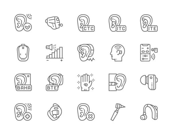 Conjunto de iconos de línea de audífonos. Canal de oído, control de volumen, pérdida de audición y más . — Vector de stock