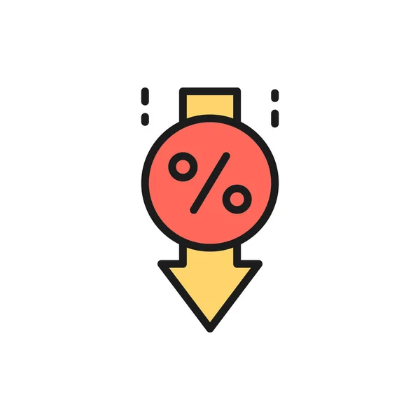Vector loan interest rate reduction flat color line icon. — Stock Vector