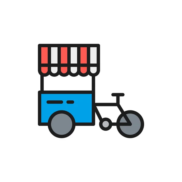 Triciclo con nevera de calle, bicicleta hot dog icono de línea de color plano . — Vector de stock