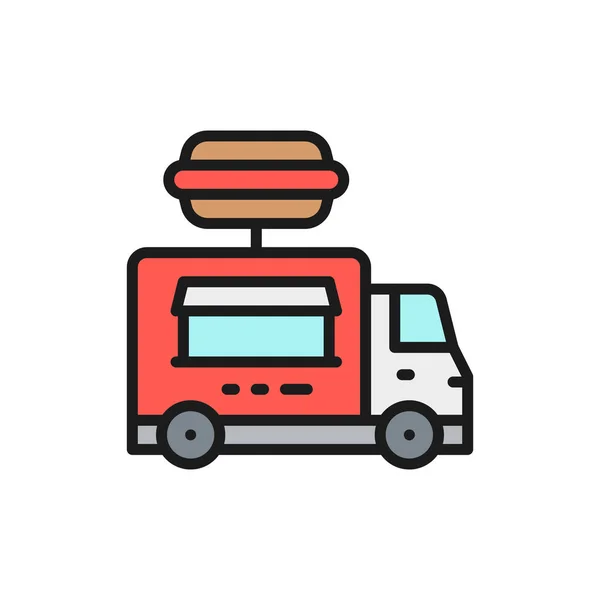 Burgers caminhão, fast food veículo ícone de linha de cor plana . — Vetor de Stock