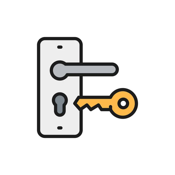Дверная ручка с ключом, замка плоская цветовая линия значок . — стоковый вектор