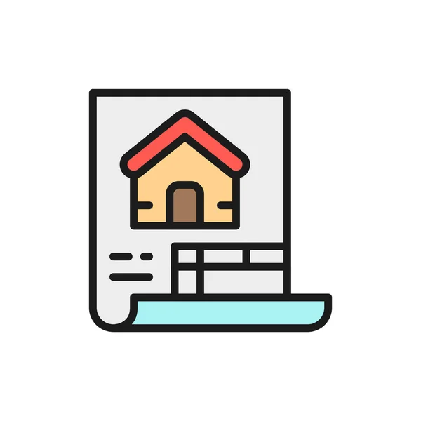 Estimation, document de construction, plan de maison icône de ligne de couleur plate . — Image vectorielle
