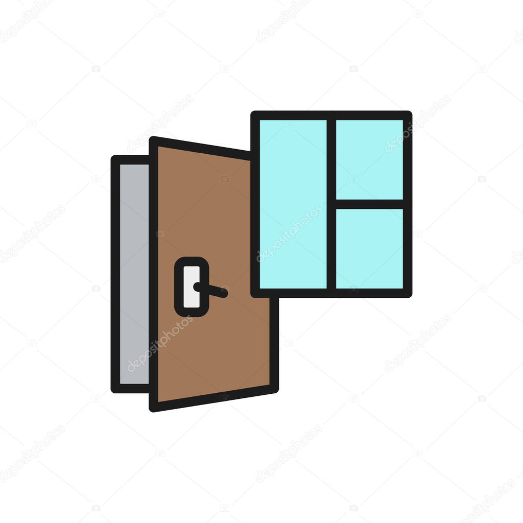 Door and window installation services, replacement flat color line icon.