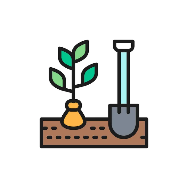 Desenterrar plantas, plantar árboles, árboles con pala icono de línea de color plano . — Archivo Imágenes Vectoriales