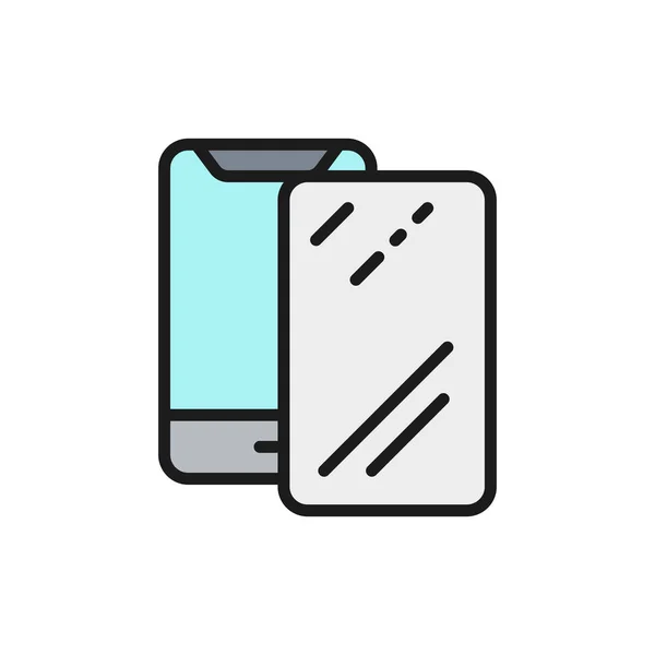 Vector protective glass on smartphone flat color line icon. — Stock Vector