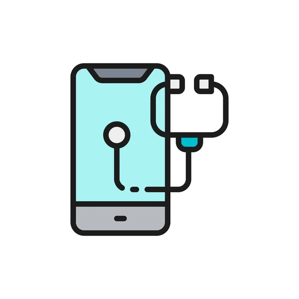 Telefon med stetoskop, smartphone reparation, läkare online platt färg linje ikon. — Stock vektor