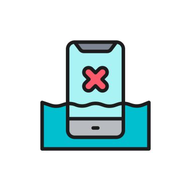 Sudaki akıllı telefon, sıvı hasarlı telefon düz çizgi simgesi.