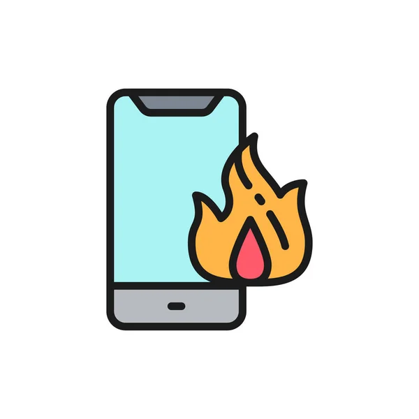 Vector verbrande smartphone, beschadigde telefoon platte kleur lijn pictogram. — Stockvector