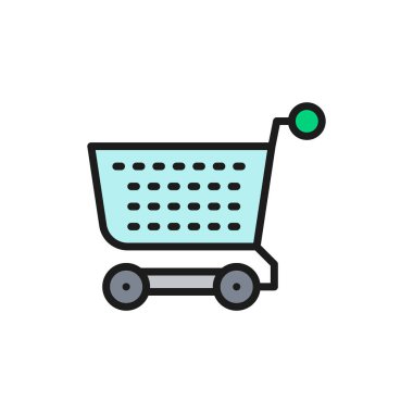 Alışveriş arabası, tramvay düz renk çizgisi ikonu. Beyaz arkaplanda izole