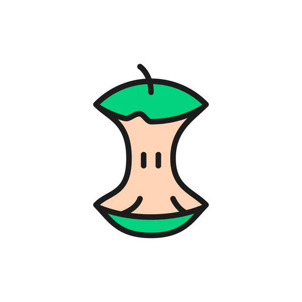 Noyau de pomme, gaspillage alimentaire, icône de ligne de couleur plate poubelle . — Image vectorielle