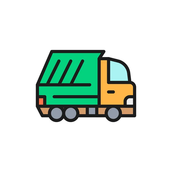 Camión de basura vectorial, vehículo de desecho icono de línea de color plano . — Vector de stock