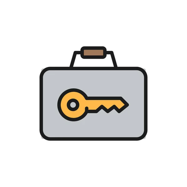 Koffer met sleutel, bagage-opslag dienst platte kleur lijn pictogram. — Stockvector