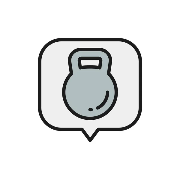 Kettlebell in speech bubble, heaviness in the stomach flat color line icon. — ストックベクタ