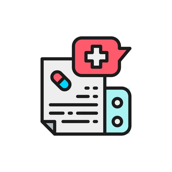 Medicamentos recetados, instrucción icono de línea de color plano . — Vector de stock