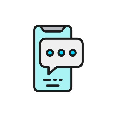 Metin baloncuklu telefon, konuşma sohbeti, ileti düz renk çizgisi simgesi.