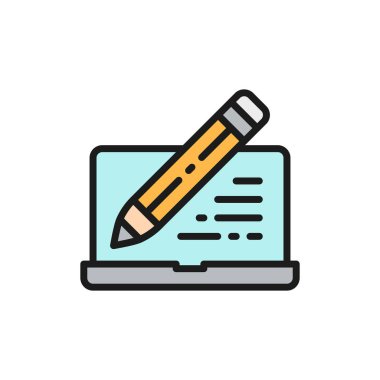 Kalemli dizüstü bilgisayar, yazma incelemesi, e- posta defteri, sohbet düz renk çizgisi simgesi.