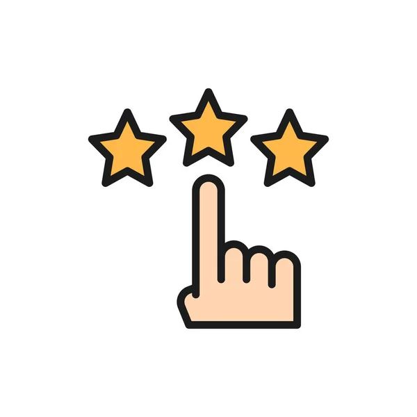 Punto de dedo a las estrellas, opinión del cliente, retroalimentación icono de línea de color plano . — Vector de stock