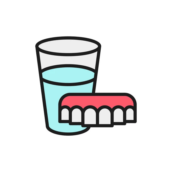 Prótesis dentales con vidrio de agua plana icono de la línea de color . — Archivo Imágenes Vectoriales