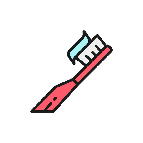 Vector toothbrush with paste, toothpaste flat color line icon. — Stock Vector