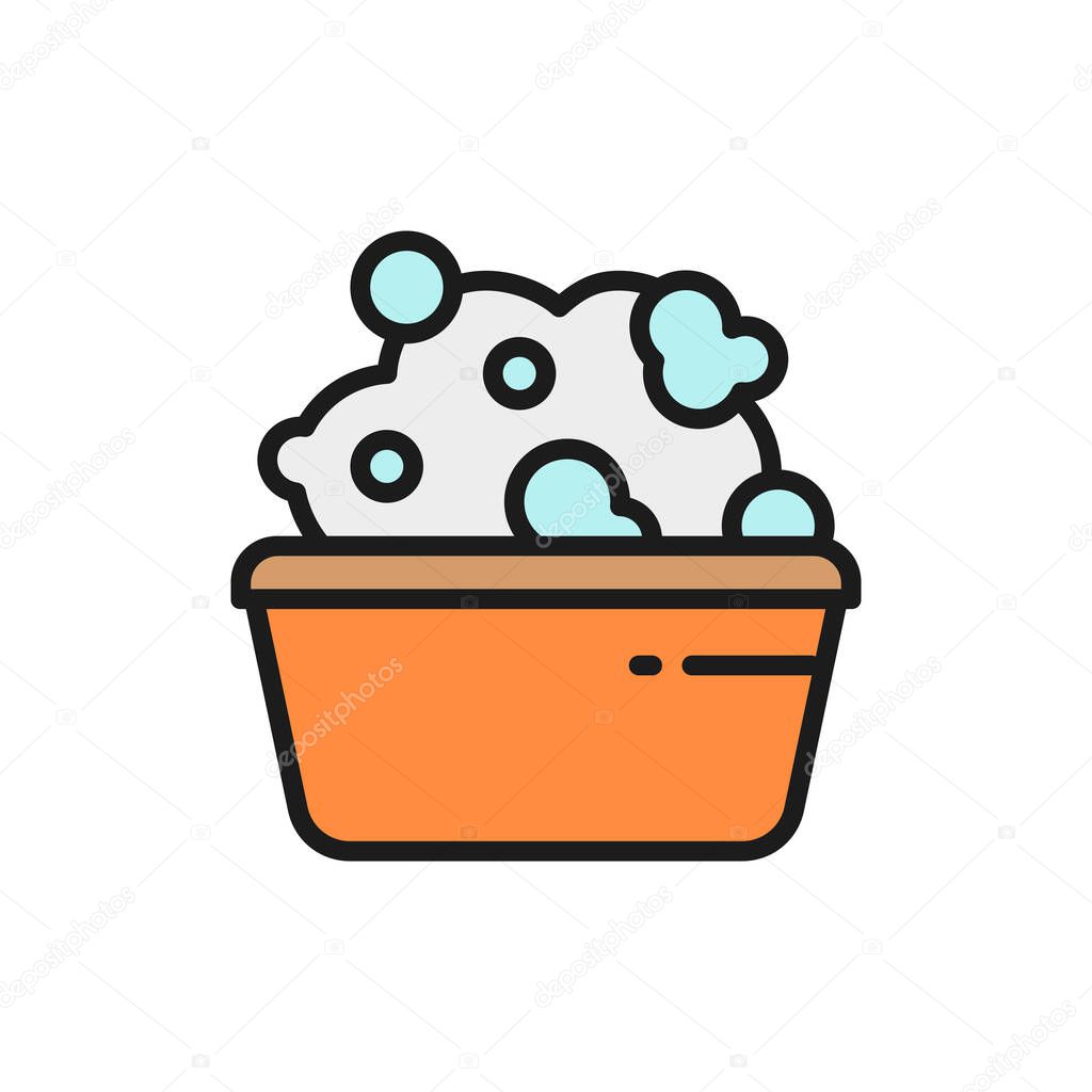Basin with soapy water, washing flat color line icon.
