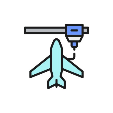 3D oyuncak uçak modeli, endüstriyel yazıcı düz renk çizgisi simgesi.