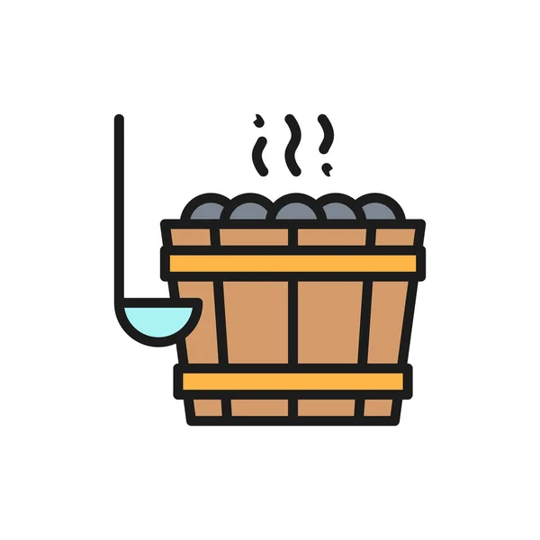 Cubo de sauna, cubo con piedras para la casa de baños icono de línea de color plano . — Vector de stock