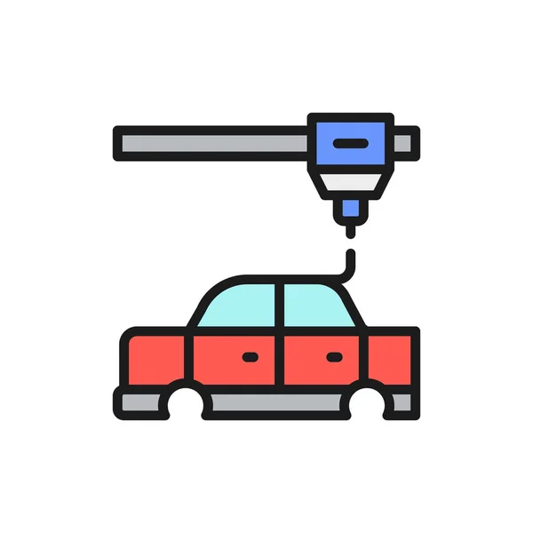 Impression 3D de pièces de voiture, imprimante industrielle icône de ligne de couleur plate . — Image vectorielle