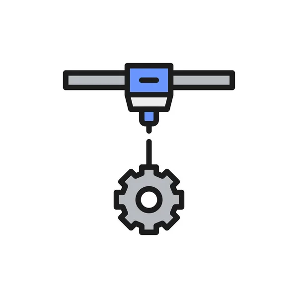 3D yazıcı dişli tekerleği, endüstriyel yazıcı düz renk çizgisi simgesi. — Stok Vektör