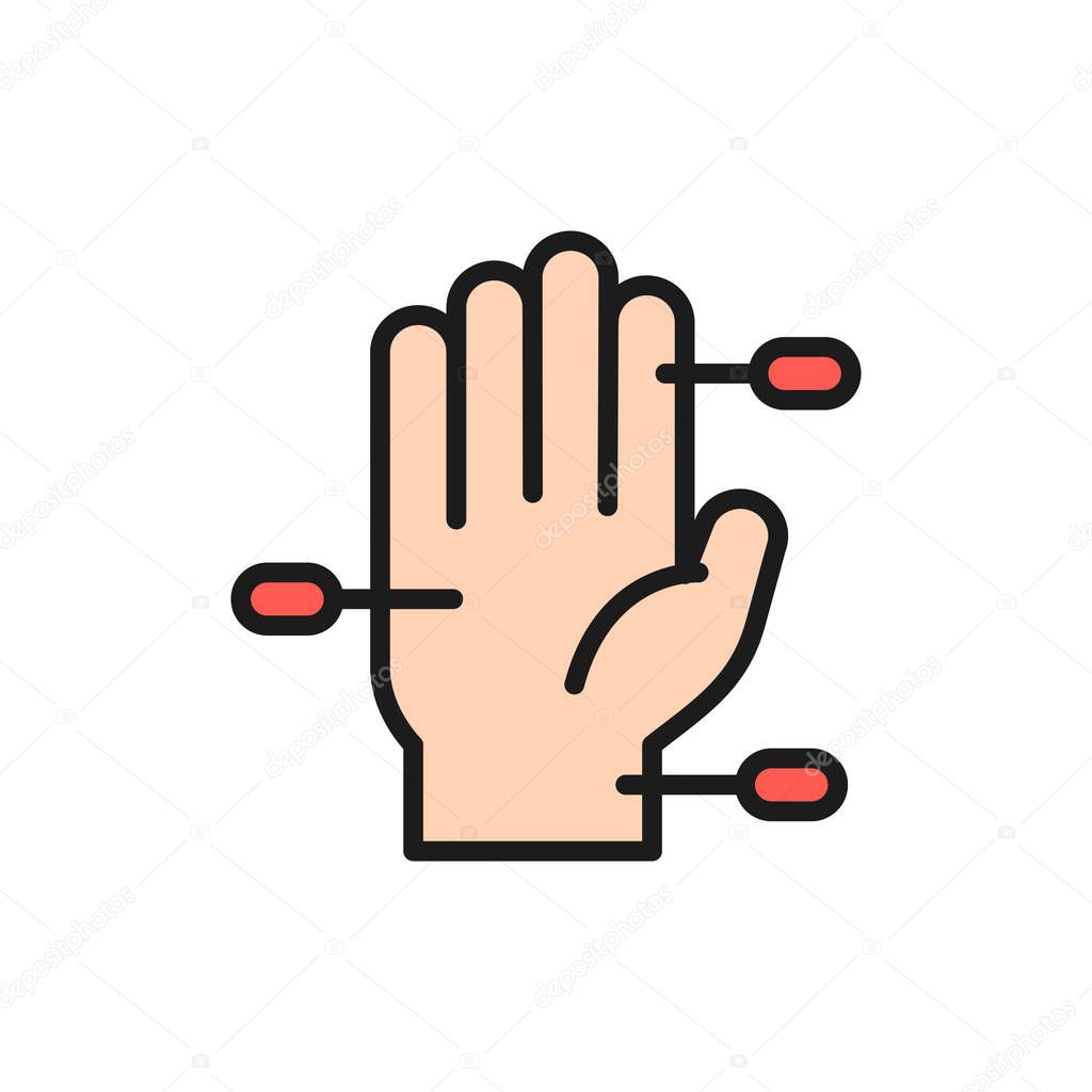 Hand acupuncture flat color line icon. Isolated on white background