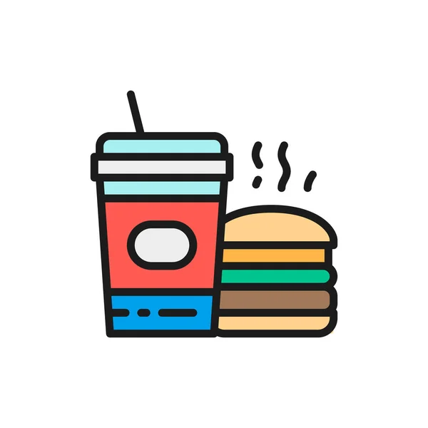 Швидка їжа, американська їжа, бургер та сода значок плоскої кольорової лінії . — стоковий вектор