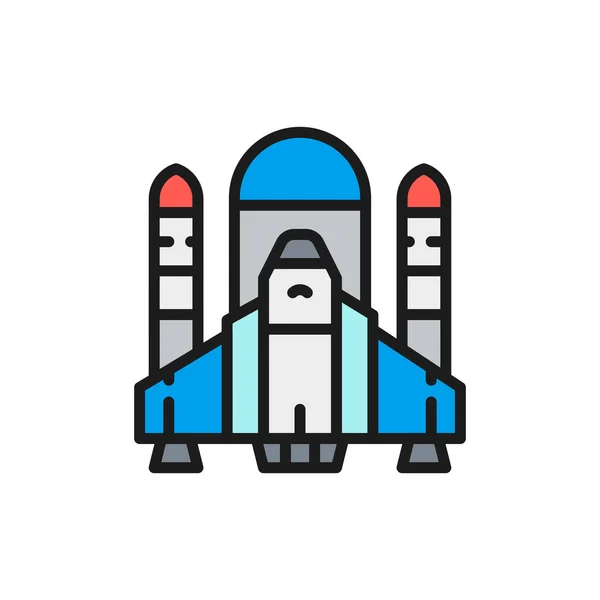 Vector space shuttle, rockets, airplane flat color line icon. — Stock Vector