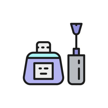 Tırnak cilası şişesi, fırça, manikür tabanı, tırnaklar düz renk simgesi..