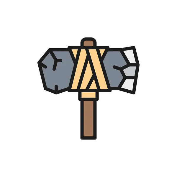 Vector primitive axe, prehistoric ax flat color line icon. — 스톡 벡터