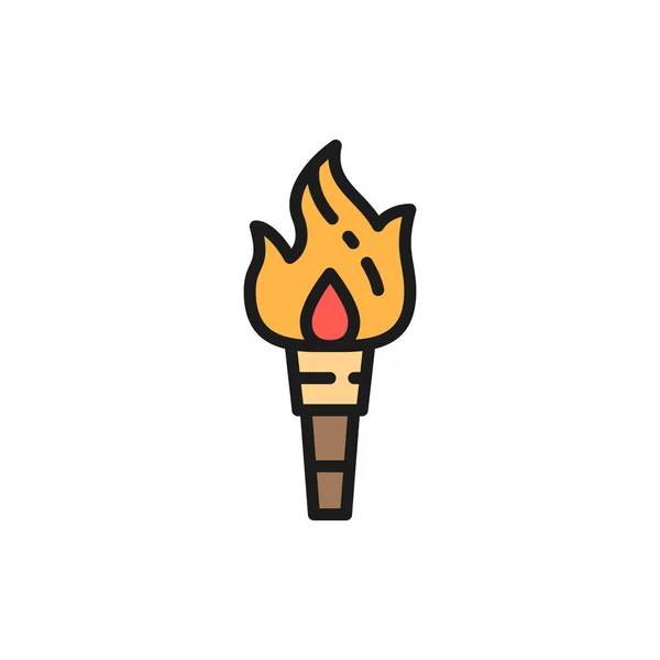 Vector fakkel vlam, prehistorisch vuur vlakke kleur lijn pictogram. — Stockvector