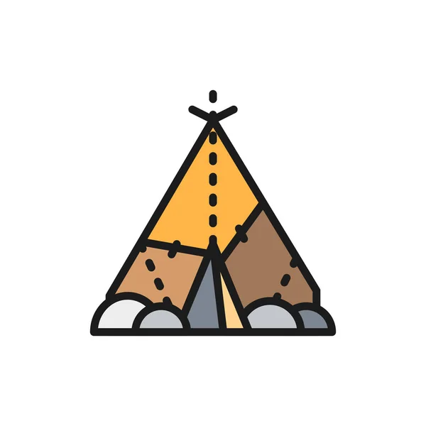 Indio wigwam, casa prehistórica, casa primitiva plana icono de línea de color . — Vector de stock