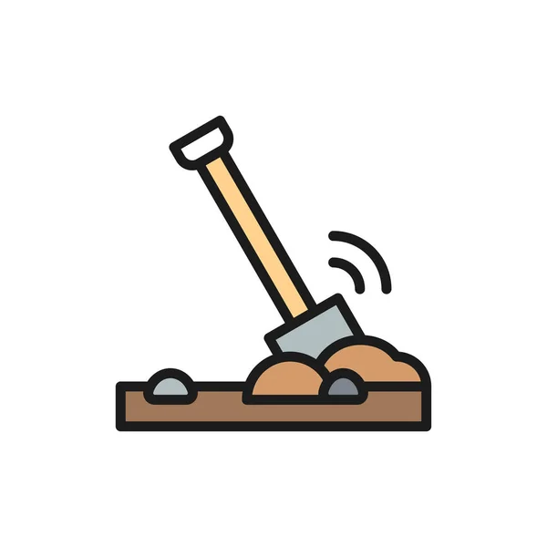 Shovel in the ground, soil flat color line icon. — 스톡 벡터
