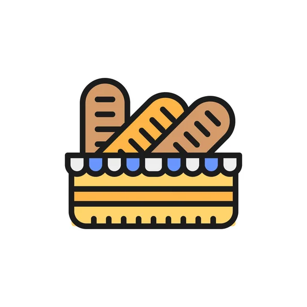 Baguetes em uma cesta, ícone de linha de cor plana de pão francês . — Vetor de Stock